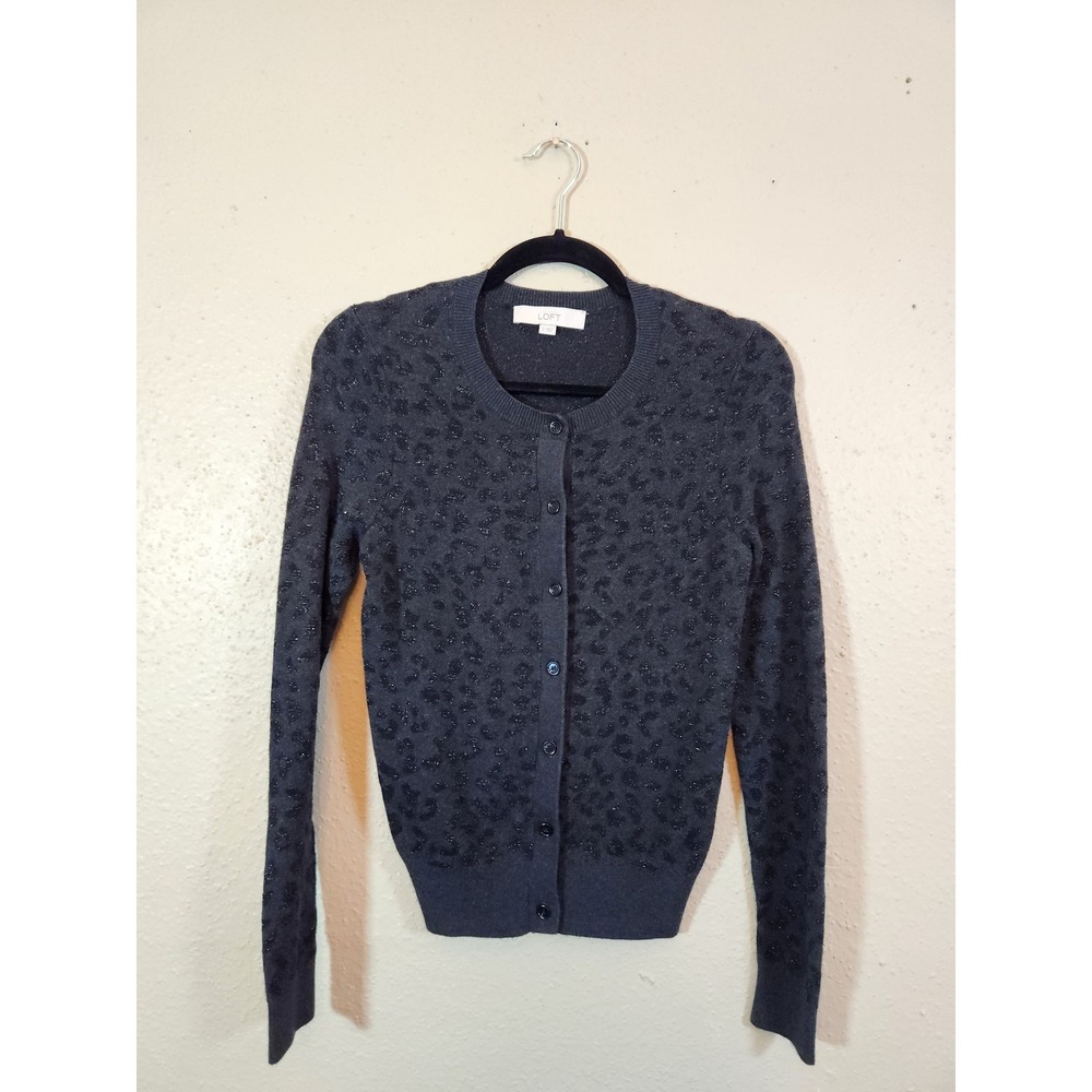 LOFT Womens Small Charcoal Grey Leopard Cardigan Metallic‎ Shimmer Button Front